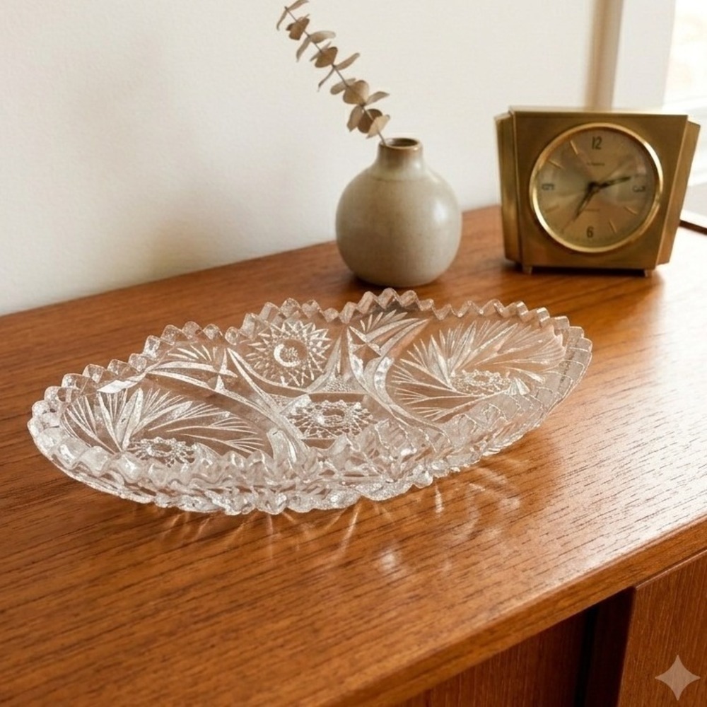 Vintage Cambridge Glass Crystal Dish Clear Scalloped Pinwheel Regencycore Decor